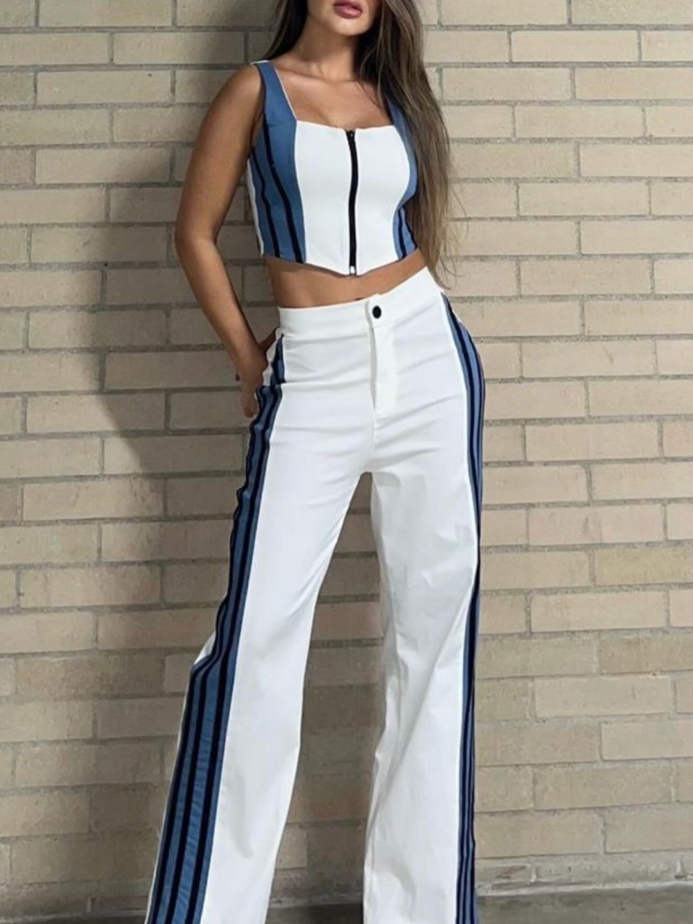 White Wide-Leg Pants with Blue Side Stripes - Women's